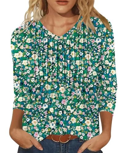IEEILULU 3/4 Length Sleeve Womens Tops V Neck T Shirts Casual Pleated Tunic for Women Fashion Loose Blouses Green Floral XL - Image 1