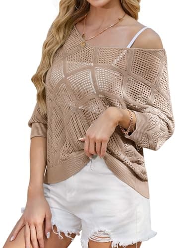 HUSKARY Womens Summer Tops 2026 Trendy Spring Crochet Hollow Out 3/4 Batwing Sleeve Off Shoulder T-Shirts Casual V Neck Loose Beach Pullover Cover Ups - Image 1