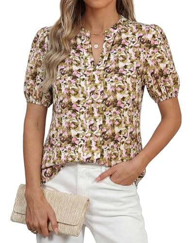 BTFBM Womens Tops 2026 Summer Casual Loose Puff Sleeve V Neck Floral Satin Work Blouse Dressy T Shirts Silk Tunics(Army Green Watercolour,Small) - Image 1