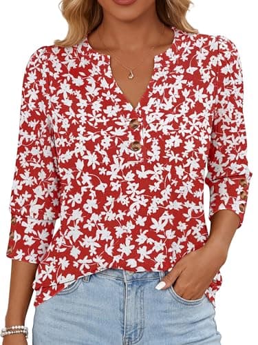 ANRABESS Womens Tops 3/4 Sleeve Casual Henley Shirts V Neck Buttons Dressy Work Business Blouses 2026 Spring Trendy Clothes Small - Image 1