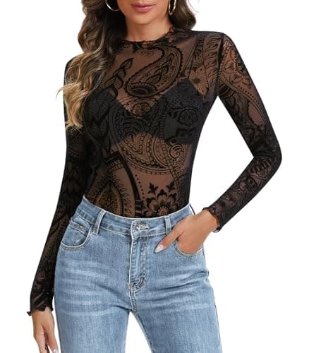 Lace Long Sleeve Tops for Women See Through Sheer Mesh Top Mock Neck Undershirt Party Club Night Blouses - Image 1