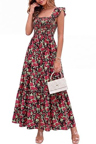 dowerme Womens Summer Maxi Dresses 2026 Casual Ruffle Sleeve Button Smocked Floral Slit Boho Dress Spring Beach Sundress(Black Red Flower,Medium) - Image 1