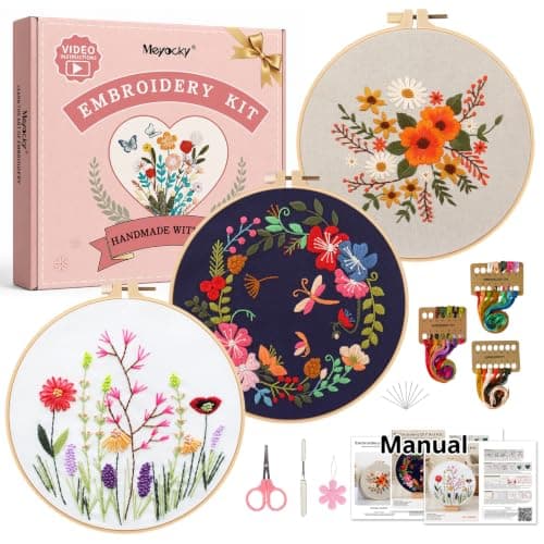 Meyocky Embroidery Kit for Beginners Adults, 3-Piece Floral Needlepoint Kits with Flowers Stamped Patterns Instructions & Stitch Videos Hoop Threads Needles, Gift for Craft Lovers - Image 1