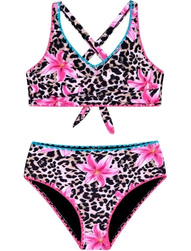HOZIY Swimsuits for Girls 16-18 Teenage Bathing Suit Teen Two Piece Bikini Sets Summer Big Kids V-Neck Contrast Trim Swimming Suit Leopard Floral - Image 1