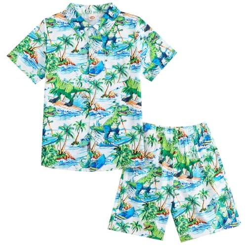JiAmy Boys Hawaiian Outfit 2 Piece Button Down Short Sleeve Shirt and Shorts Set with Pockets Size 7-8 Dinosaur Green - Image 1