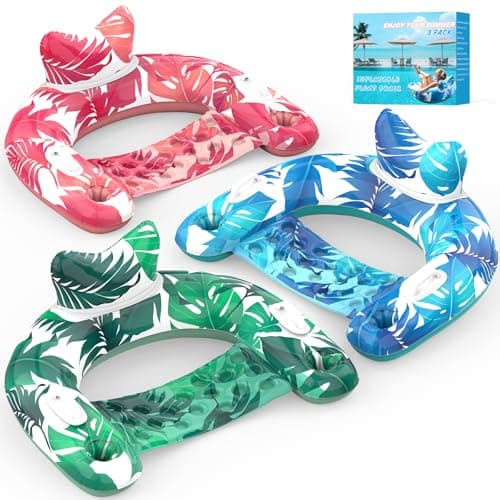 KEUCL Pool Floats, 3 Pack Inflatable Pool Float Chairs with Cupholders & Handles, Pool Floats Adult & Kids Perfect for Pool Lake & Rivers, Pool Toys Party, Relaxing Inflatable Chair for Swimming Pool - Image 1