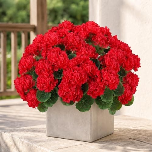 LetuoClips Artificial Geranium Flowers for Outdoors Decoration,6 Bundles Silk Red Flower UV Resistant Fake Plants for Front Garden Porch Planter Patio Balcony Yard Indoor Home - Image 1