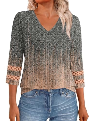 GKBK 3/4 Length Sleeve Womens Tops Dressy Casual Blouses for Women 2026 Trendy Business V Neck Outfits Tshirts T Shirts Summer Fashion Clothes Grey Coral L - Image 1