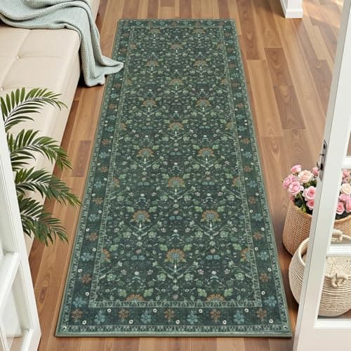 Vibrug Hallway Runner Rug 2x6 Washable Kitchen Runners, Soft Non-Slip Laundry Room Entryway Rugs, Vintage Boho Floral Bathroom Long Carpets, Low Pile Dining Living Room Floor Mat, Dark Green - Image 1