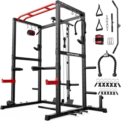 SPORTSROYALS Power Rack, Multi-Functional Power Cage, Squat Rack with Pulley System & LAT Pull Down, Workout Cage with J Hooks for Home Gym - Image 1