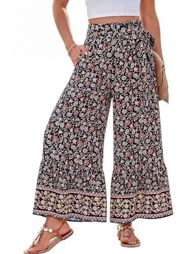 GRACE KARIN Womens Palazzo Pants High Waisted Printed Trousers Travel/Vacation/Beach Pants with Pockets Black Tiny FloralM - Image 1