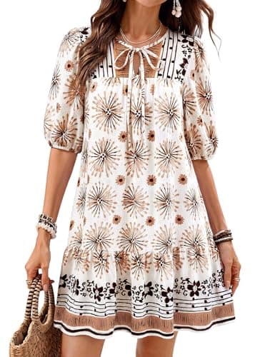 Okiwam Womens Summer Dresses 2026 Drawstring V Neck Lantern Short Sleeve Boho Floral Casual Babydoll Beach Vacation Sundress-M Brown Flower - Image 1