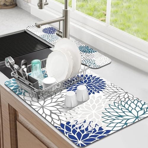 Findosom 2PCS 12" x 20" Dish Drying Mat & 24" x 5.5" Sink Splash Guard, Super Absorbent & Cuttable Dish Mat Drying Kitchen Mat with Blue Floral, Hide Stain Drying Mat for Kitchen Counter - Image 1