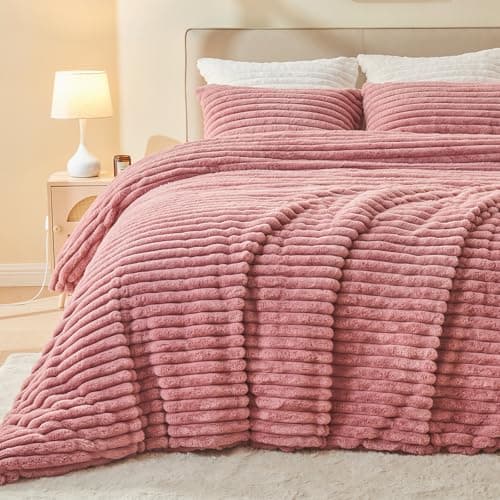 EMME Faux Fur Duvet Cover King Size, 3 Pieces Ultra Soft Fluffy Comforter Cover, Cozy Warm for Winter, Luxury Elegant Shaggy Striped Design Bedding, 1 Duvet Cover & 2 Pillow Shams (King, Old Pink) - Image 1
