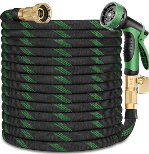 Garden Hose 25 ft, Leak Proof, Kink-Free Water Hose with 10 Function Spray Nozzle, Lightweight, Flexible, Fabric Portable Hose for Gardening, Green - Image 1