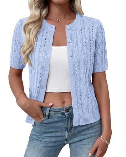 MASCOMODA Women Summer Cable Knit Crochet Cardigan Sweaters Casual Button Short Sleeve Sweater Cute Beach Hollow Out Knit Top(Light Blue,X-Large) - Image 1