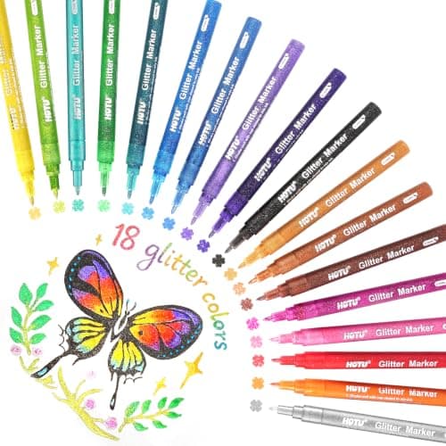 HOTU Glitter Markers Pens, 18 Colors Glitter Gel Pens 0.7mm Extral Fine Tip Paint Marker For Rock Painting,Scrapbooking, DIY Craft, Making Cards, Journaling, Doodling, Projects,Nail Art - Image 1