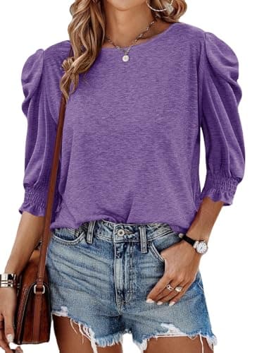 Tankaneo Womens 3/4 Length Sleeve Tops Dressy Casual Blouse Puff Sleeve Cute Trendy T Shirts with Smocked Cuffs Purple - Image 1