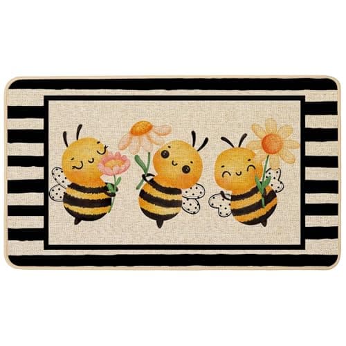 Baccessor Spring Doormat 17x29 inch, Bee Flower Black Stripe Welcome Door Mat Rug for Floor Non Slip Rubber Backing Seasonal Holiday Decor for Indoor Outdoor - Image 1