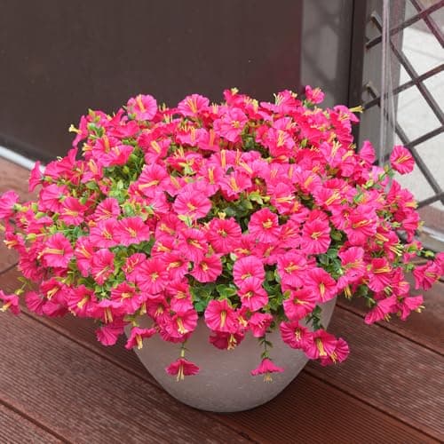 maxkes Artificial Flowers for Outdoors, UV Resistant Fake Silk Morning Glory, Realistic Faux Plants for Outside Porch Patio Window Box Hanging Planter (12, Hot Pink) - Image 1