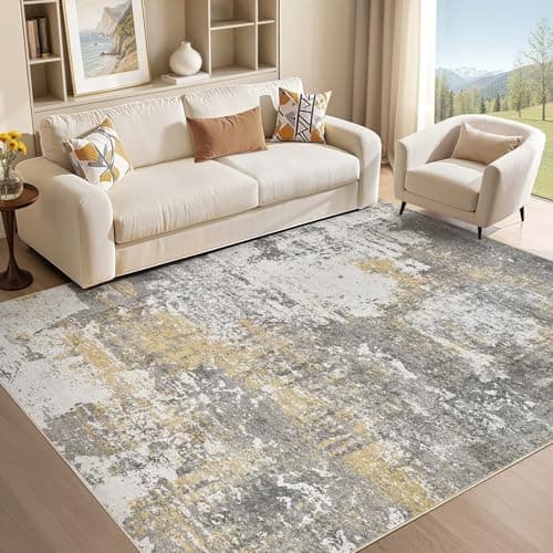 Micgeek Area Rug Living Room - 5X8 Abstract Washable Large Soft Foldable Non Slip Rug Neutral Modern Low Pile Carpet for Bedroom Nursery Dining Room Kitchen Home Office Indoor - Grey Gold - Image 1
