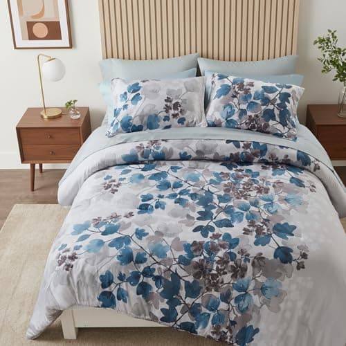 Regency Heights King Comforter Set Blue Bed Set, 9 Pieces Cute Floral Bedding Set Ultra Soft Botanical Flowers Comforter, Sheets, Pillowcases & Shams - Image 1