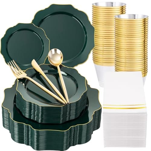 WDF 175Pcs Green Plastic Plates - Green Plates Disposable with Gold Rim - Christmas Plastic Plate - Fancy Disposable Dinnerware Sets 25 Guests Ideal for Party/Wedding/Birthday/2026 FIFA World Cup - Image 1