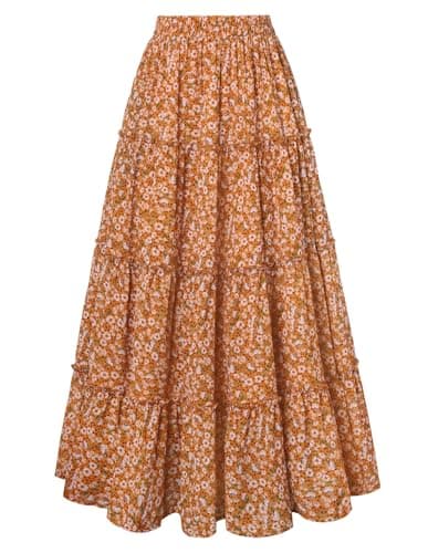 Scarlet Darkness Floral Maxi Long Skirts for Women Summer 2026 Tiered Skirt Flowy Boho Fairy Skirt with Pockets Mustard Yellow Floral S - Image 1