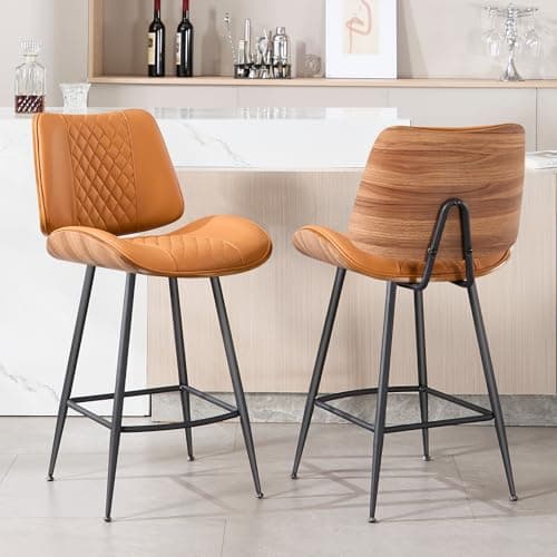 BERYTH Counter Height Barstools Set of 2, 26.9" Armless Stools with Metal Legs, Walnut Pub Chair in Modern Style,PU Leather Bentwood Bar Chair for Home Counter, Kitchen Dining Island,Cafe(WhiskyBrown) - Image 1