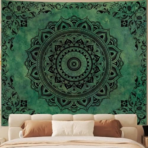Tichgeim Green Mandala Tapestry for Bedroom Aesthetic, Boho Hippie Ceiling Art Decor Tapestries, Bohemian y2k Floral Backdrop Wall Hanging for Teen Girls Dorm Living Room (51"X60") - Image 1