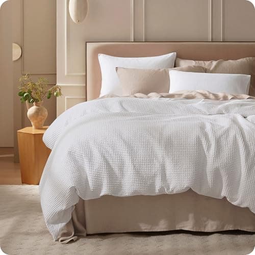 Bedsure Cotton Duvet Cover Queen Size - 100% Cotton Waffle Weave Bright White Duvet Cover, PureWoven Textured Breathable Bedding Comforter Cover for All Season, 1 Duvet Cover Only 90"x90" - Image 1