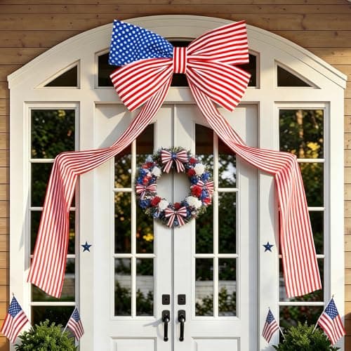 4th of July Decorations Outdoor - 6.5FT Giant Patriotic Bow - Fourth of July Memorial Day Patriotic Decor - Stars and Stripes Hanging Bow for Independence Day 250th Anniversary Indoor Outdoor Decor - Image 1