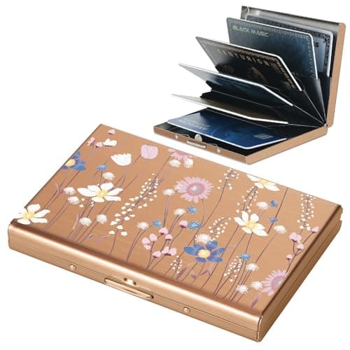BONSYL® Credit Card Holder, RFID Blocking Slim Metal Credit Card Wallet, with 6 Card Slots, for Women and Men.(6 Slots/Rose Gold/Flower) - Image 1