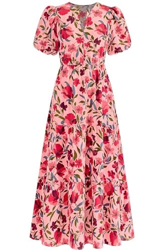 dowerme Womens Summer Dresses 2026 Casual Puff Short Sleeve V Neck Floral Boho Tiered Ruffle Maxi Dress with Pockets(Orange Pink Red Flower,Medium) - Image 1