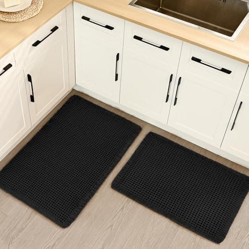 Siyaluens Luxury Waffle Bath Mat, Super Absorbent Non Slip Bathroom Rugs, Boho Ultra Soft Comfort Machine Washable Quick Dry Floor Mats with Tassels (Black, 17" x 24" + 20" x 30") - Image 1