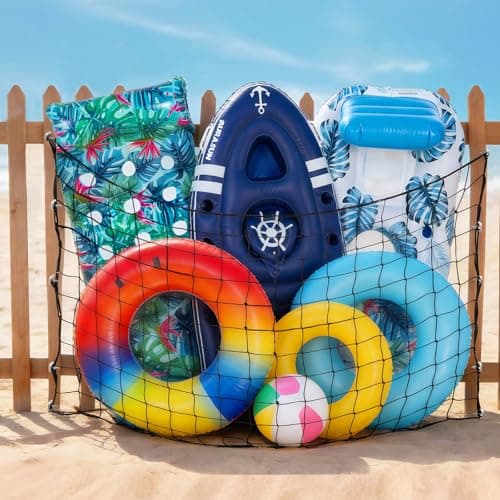 AURASUN 71" L x 47" W Pool Toy Float Storage Net for Fence - Elastic Net Outdoor Floats Holder Includes Hooks and Ties - for Inflatable Rafts, Swimming Rings, Noodles, Balls - Image 1