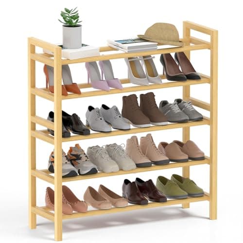 Haddockway Bamboo Shoe Rack for Closet, Free Standing Shoe Organizer with Smooth Round Rods & Convenient Handles, Stackable Shoe Storage Shelf for Entryway, Hallway(Natural, 5-Tier) - Image 1