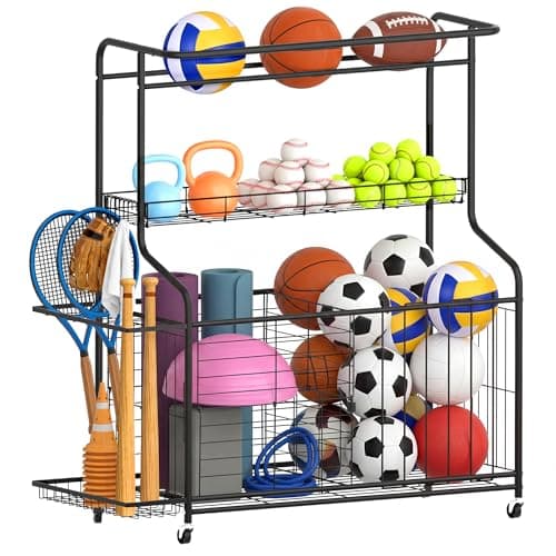 Sports Equipment Organizer -Heavy Duty Rolling Garage Storage Rack & Ball Holder, Large Capacity Cart for Outdoor Toy Storage & Garage Storage - Image 1
