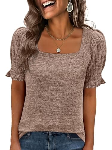 ANRABESS Womens Tops Summer Sweaters Dressy Casual Work Blouses Square Neck Ruffle Short Sleeve Tee Shirts 2026 Fashion Tunic Burnt Tan Small - Image 1