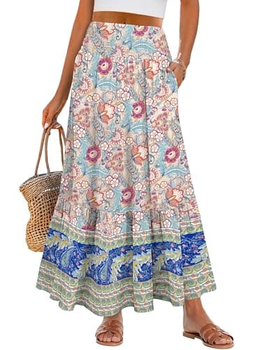 ANRABESS Women Boho Floral Maxi Skirts, High Waisted Tiered Skirt, Flowy Beach Skirts with Pockets for Vacation & Summer Wear Apricot X-Large - Image 1