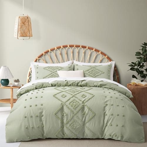 Oli Anderson Tufted Duvet Cover Queen Size, Soft and Lightweight Duvet Covers Set for All Seasons, 3 Pieces Boho Embroidery Shabby Chic Bedding Set (Mist Sage, Queen, 90"x90") - Image 1