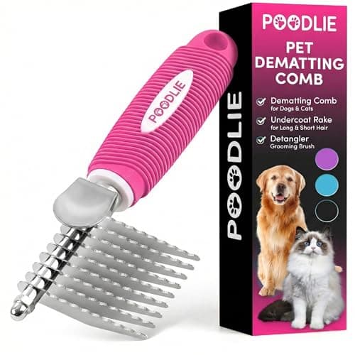 Poodle Dematting Fur Rake Comb Brush for Dogs and Cats - Long 2.5" Steel Safety Blades Metal Comb for Detangling Matted or Knotted Undercoat Hair - Image 1