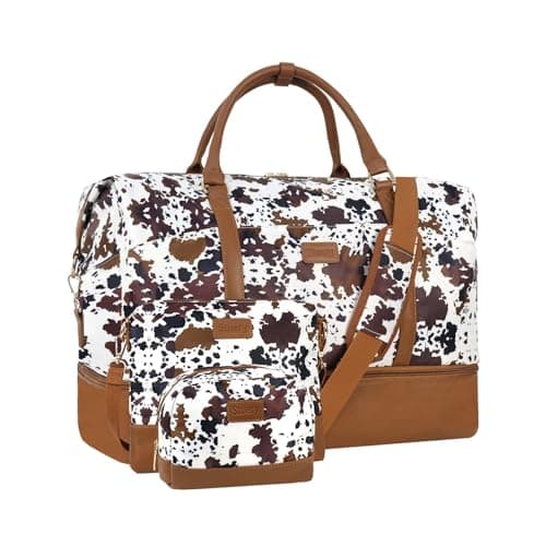 Stuery Weekender Bags for Women with Toiletry Bags: Large Overnight Bags Travel Duffel Bag Carry On Shoulder Weekend Tote with Shoe Compartment and Wet Pocket for Girls Airplane Traveling,Cow - Image 1