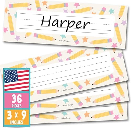 Hadley Designs Desk Name Tags for Classroom - 36 Student Desk Name Plates for Classroom Decor, 9x3 Pastel Nametags Cubby Labels Teacher Supplies, 1st 2nd 3rd Grade Kindergarten Preschool Must Haves