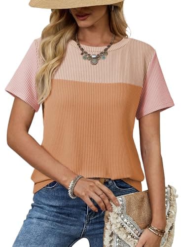 Dokotoo Summer Tops for Women Trendy 2026 Oversized Shirts for Women Color Block Cute Tee Top Spring Summer Casual Top and Blouses Vacation Outfits Loose Fit Short Sleeve Womens Tops Orange XXL - Image 1