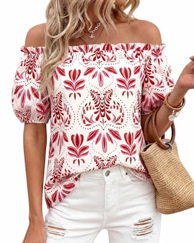 BTFBM Off The Shoulder Boho Tops for Women 2026 Summer Spring Short Sleeve Floral Loose Resort Beach Vacation Clothes(Floral White Red, XX-Large) - Image 1
