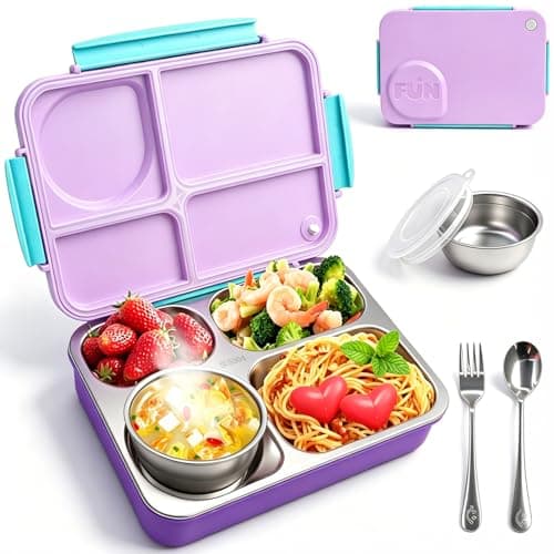 NaTuGi Kids Stainless Steel Lunch Box,304 Stainless Toddler Leak-Resistant Insulated Metal Bento Box,Suitable Schools,Office,Use Comes With An Independent Soup Cup,Tableware,4 Compartments (Purple) - Image 1