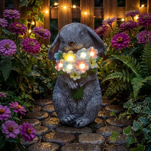 PETAFLOP Solar Garden Statues Outdoor Decor, Rabbit Figurines with Flowers for Patio Balcony Lawn Yard Decorations, Birthday Housewarming Gifts for Women Mom Grandma - Image 1