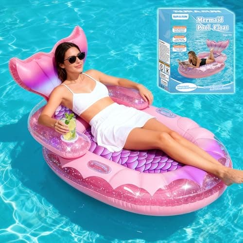 Mermaid Pool Float Bed for Adults - 63" X 39" Premium Inflatable Lounger with Backrest & Cup Holder, Glitter Interior, Comfortable Sunbathing Raft with Handles for Party Pool Beach Lake (Pink) - Image 1