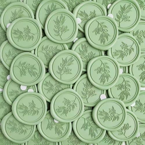 Pilloze 50 Pcs Sage Green Wax Seal Stickers Self- 3D Wedding Invitation Seal Stickers, Perfect for Wedding Invitation, Envelopes Christmas Cards, Seating Chart, Good Adhesion and Easy to Use - Image 1